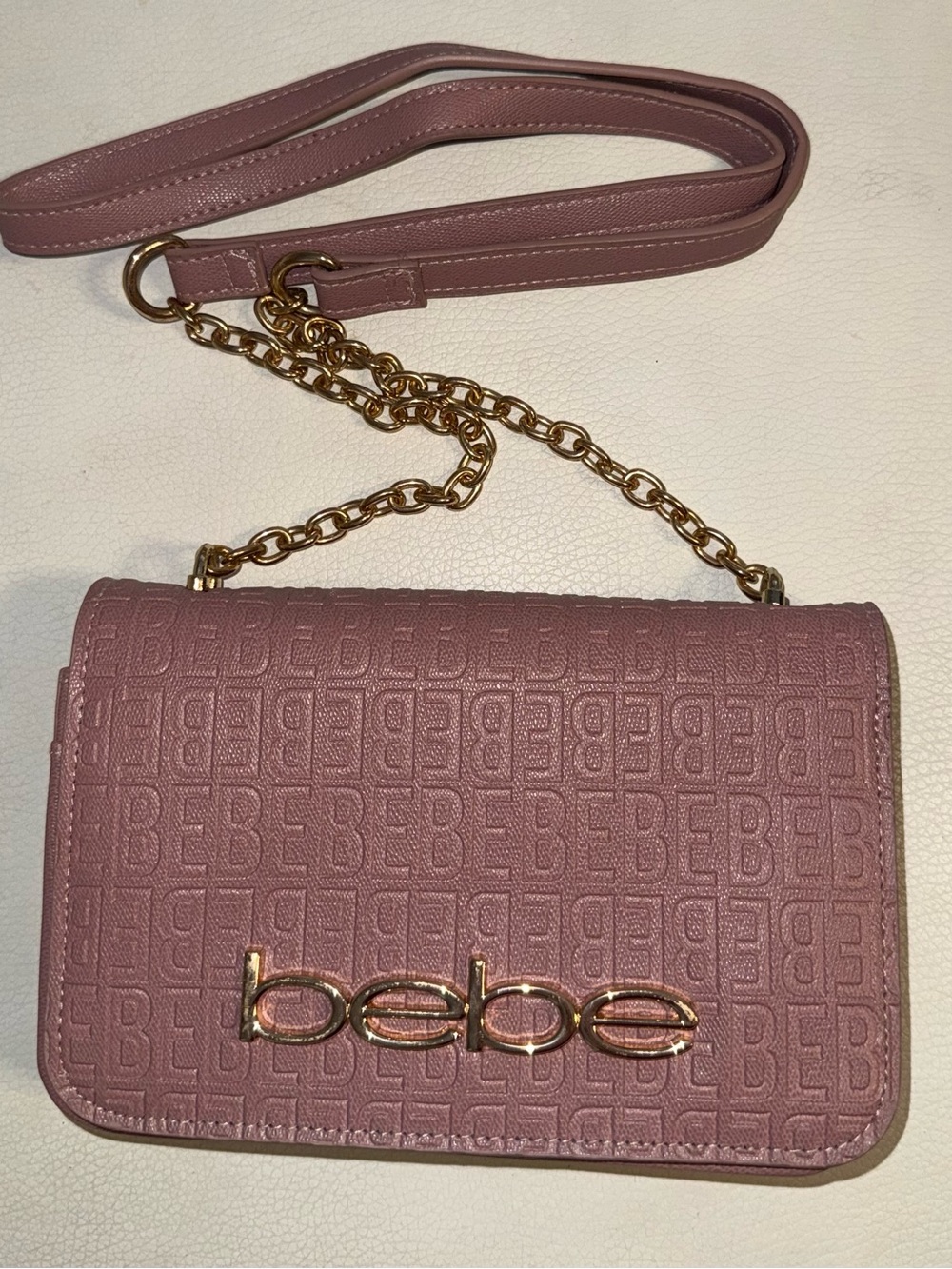 bebe Quilted Logo Crossbody Bag in Dusty Rose Pink with Gold Hardware